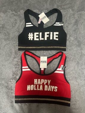 LOT OF 2 NWT Victoria’s Secret Pink Christmas Sparkle Sports Bra Size XS Elfie